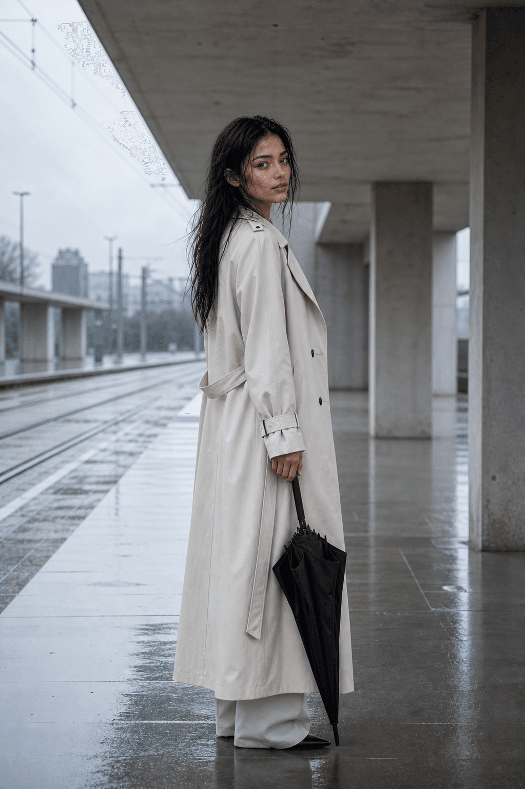 Monica waiting alone on a blue-hour station platform in Borrowed Light