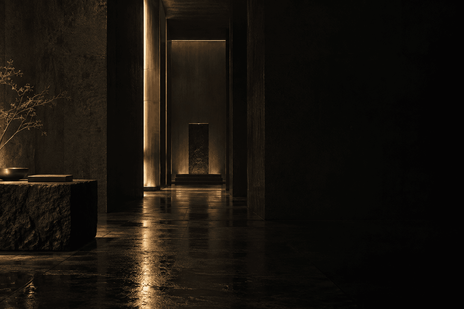 A shadowed black-stone institution with a narrow champagne-lit threshold